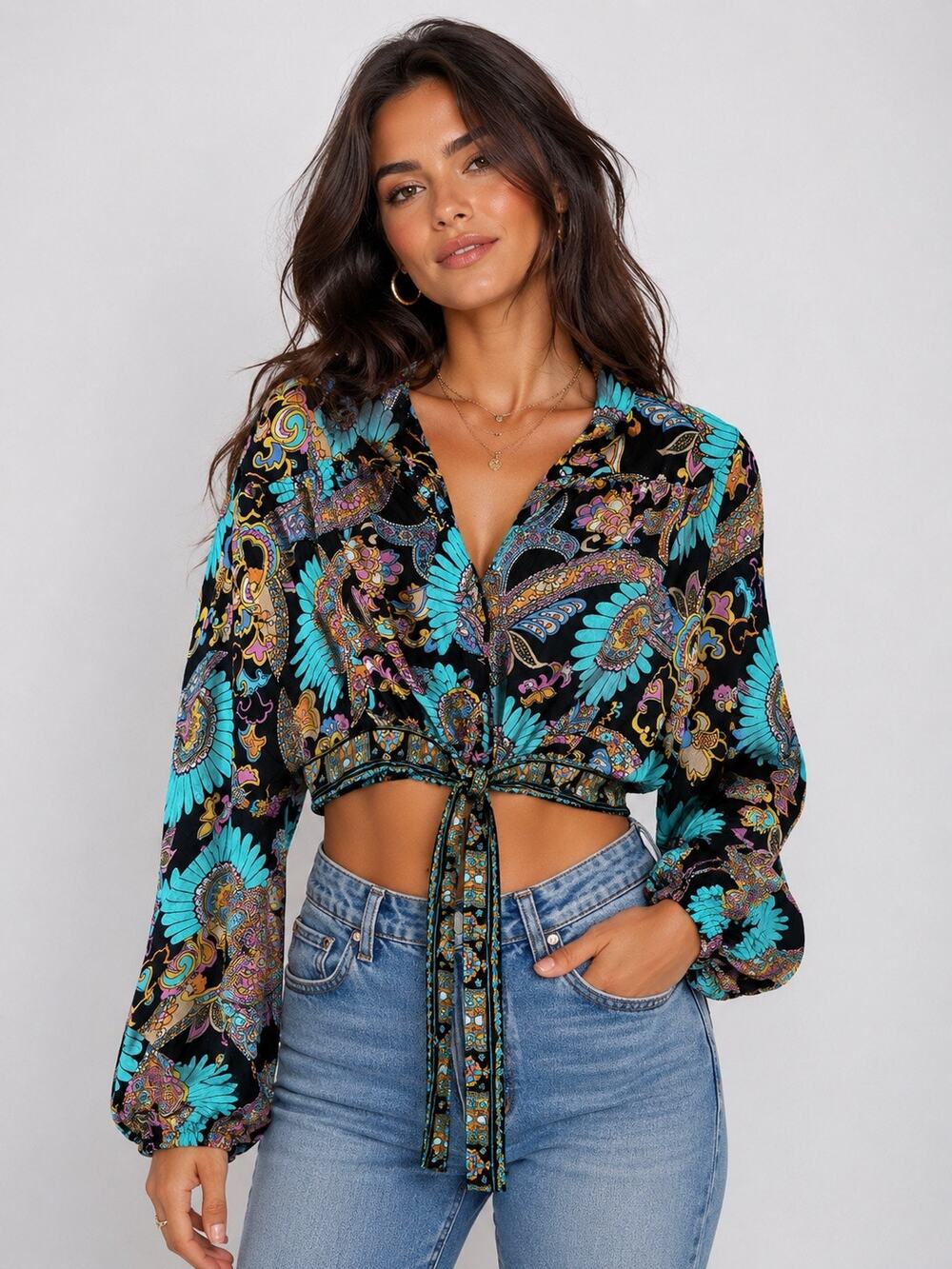 Haute Hippie S Boho Paisley Floral Tie Front Crop Blouse Long Sleeve Black